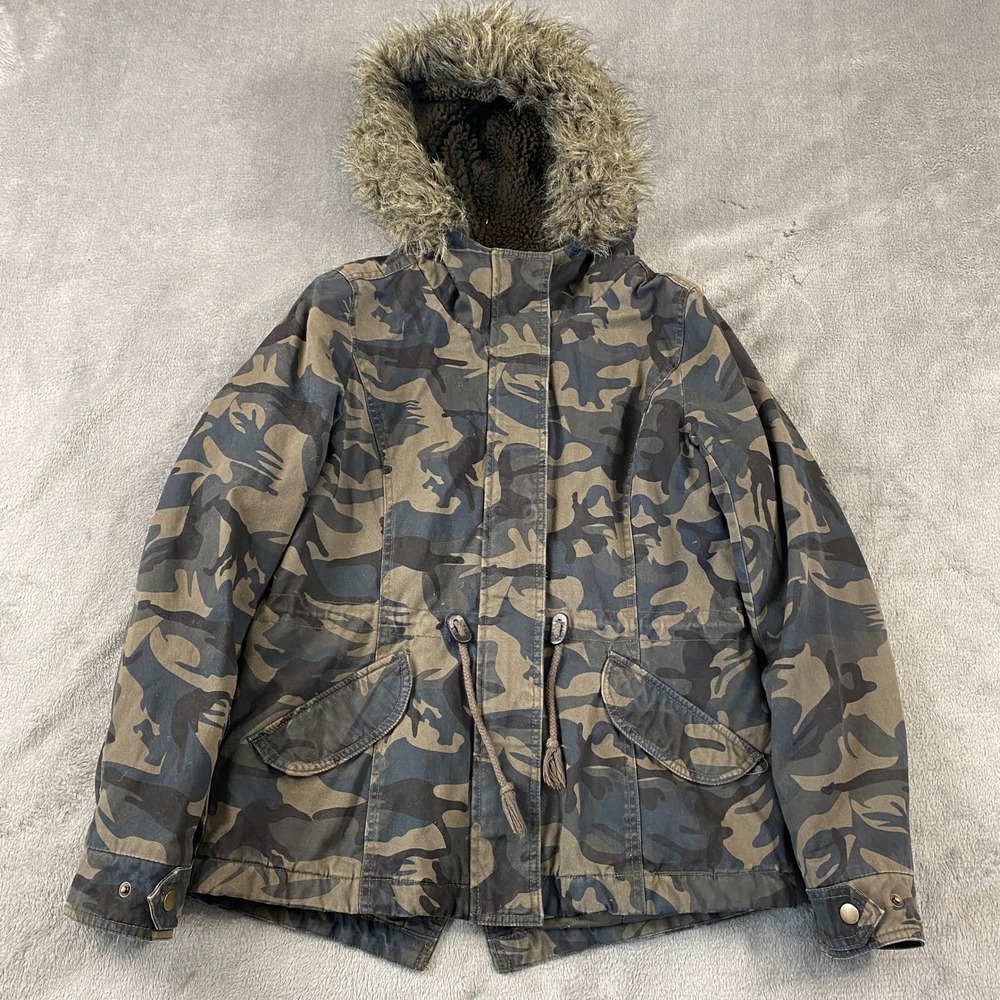 Sebby Utility Jacket Women M Camo Green Faux Fur Hood Parka Quilt Lined Military